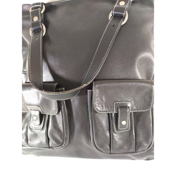 Lauren Ralph Lauren Large Black Leather Tote Bag Double Handles Lots Of Pockets - Picture 2 of 11